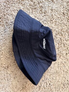 Stussy Black Bucket Hat with White Embroidered Logo